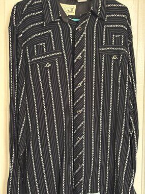 Roper Men's XL Western Snap Shirt Black White Geometric Rodeo Retro